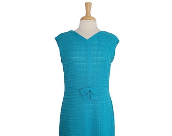 Vintage Dress 1960s Summer Dress Teal Blue Knit Sleeveless Tank Style with V Neck and Bow by Caledonia - L