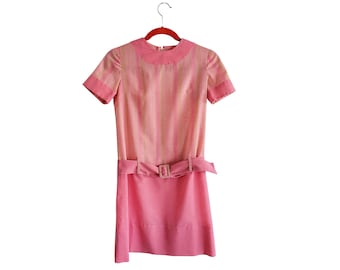 Vintage 1960s Dress Pink Juniors Drop Waist Dress with Pale Lime Green Plaid Print and Solid Pink Skirt and Trim with Matching Belt - Linen