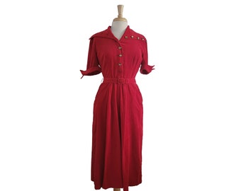 Vintage 60s Rotes Cord Kleid – Breiter Kragen, Gürtel, Taschen