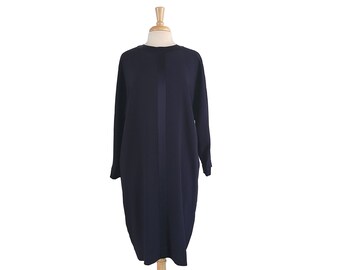 Vintage 1980s Navy Dress Long Sleeve with Satin Stipe and Hems - Workwear - Rena Rowan for Saville - L/XL