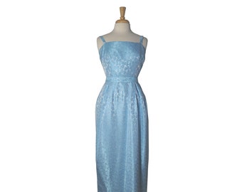 Vintage Dress 1960s Formal Prom Dress Blue with Matching Bolero Cape - Floral Brocade Pattern and Fabric Waist Belt Tie - XS/S