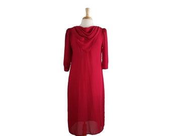 Vintage Dress Red Sheer Evening Dress with Cowl Neck Design and Buttoned Cuffs by Marie Claire - Made in California - M