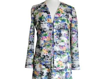 Vintage Handmade Dress Suit – White Floral Print Jacket, V-Neck