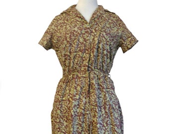 Vintage Jumpsuit Strampler 1970er Paisley Stil Print Kurzarm Frucht des Webstuhl Loungewear Rost Braun Chartreuse Farben und Gold Borte - L