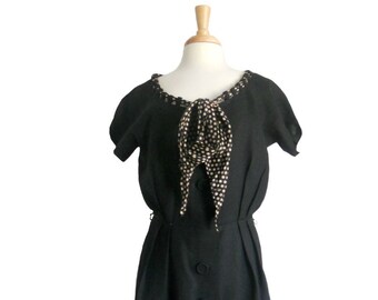 Vintage Black Linen Midi Dress – 1960s Button Down with Polka Dot Scarf