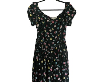 Vintage 1940s Circle Print Dress – Black with Puffy Sleeves, Made in USA, XS