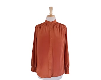 Vintage Blouse 1970s Orange Button Down Long Sleeve Rust Orange Blouse by Bethany - Size 9/10