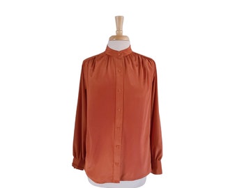 Vintage Blouse 1970s Orange Button Down Long Sleeve Rust Orange Blouse by Bethany - Size 9/10