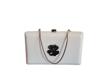 Vintage Purse Hard Plastic Opaque White Plastic Box Clutch with Folding Chain Handle and Metal Closure with Black Scroll Artwork