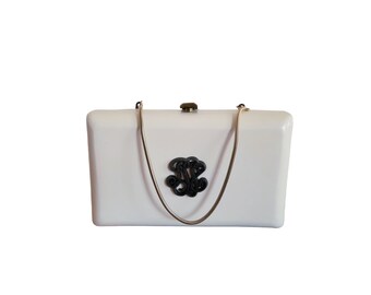 Vintage Purse Hard Plastic Opaque White Plastic Box Clutch with Folding Chain Handle and Metal Closure with Black Scroll Artwork