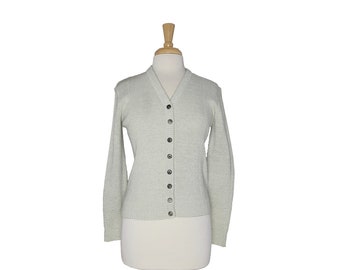 Suéter vintage 1970s Cardigan Silver con botón de hilo metálico down suéter de manga larga de Herald House Brand - S / M