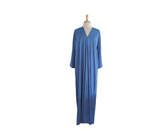 Vintage Halston Dress 1980s Halston Caftan V Neck Dress or Loungewear Blue with Long Sleeves and Front Slit -  Halston IV Saks Fifth Avenue