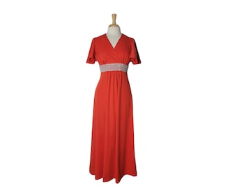 Vintage Dress 1970s Red Maxi Dress with Flutter Sleeve and Wrap Style Neckline and Banded Decorative Waist