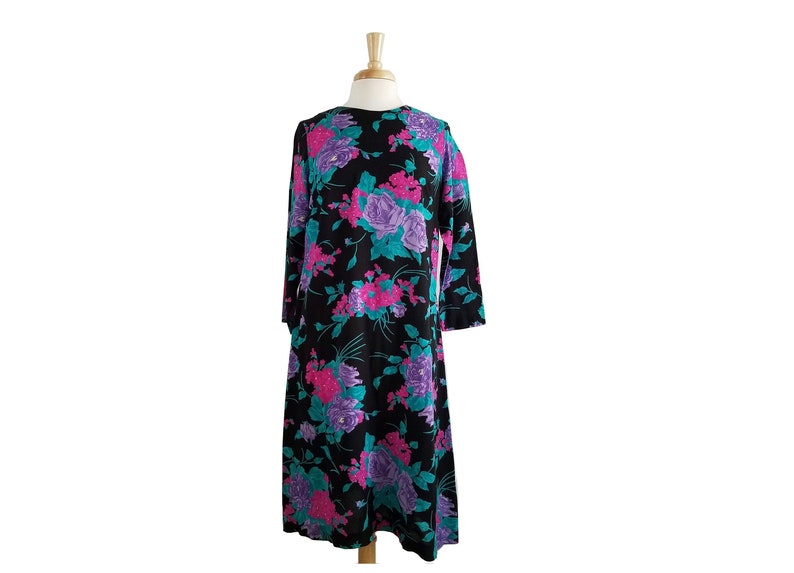 Vintage 1980s Dress Floral and Leaf Pattern Purple Roses Long Sleeve Midi Dress by British Lady Union Made in the USA Size 16 L image 1