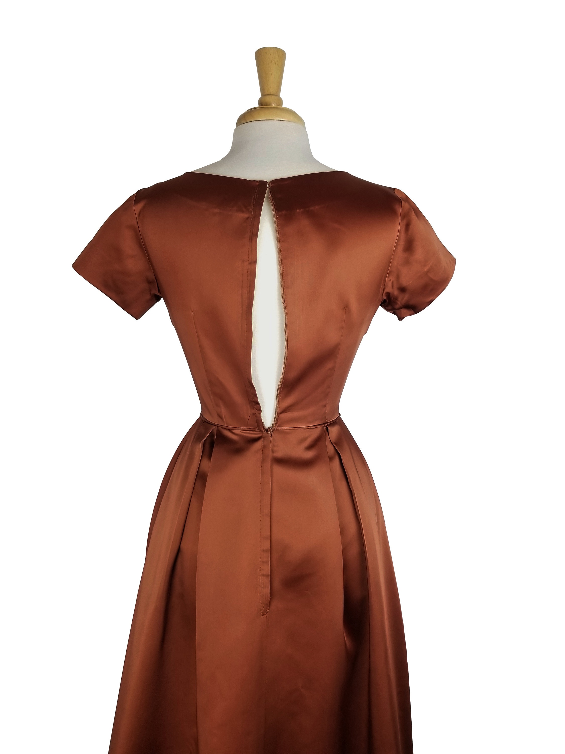 Vintage Dress 1950s Satin Copper Colored Floor Length Gown With Short