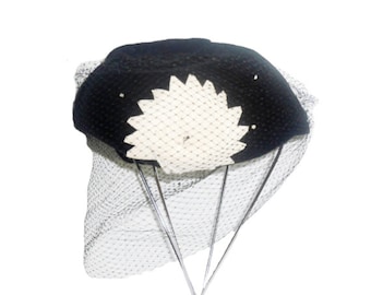Vintage 1940s Hat Lord and Taylor Black Hat with Flower Applique and Rhinestone Studded Veil