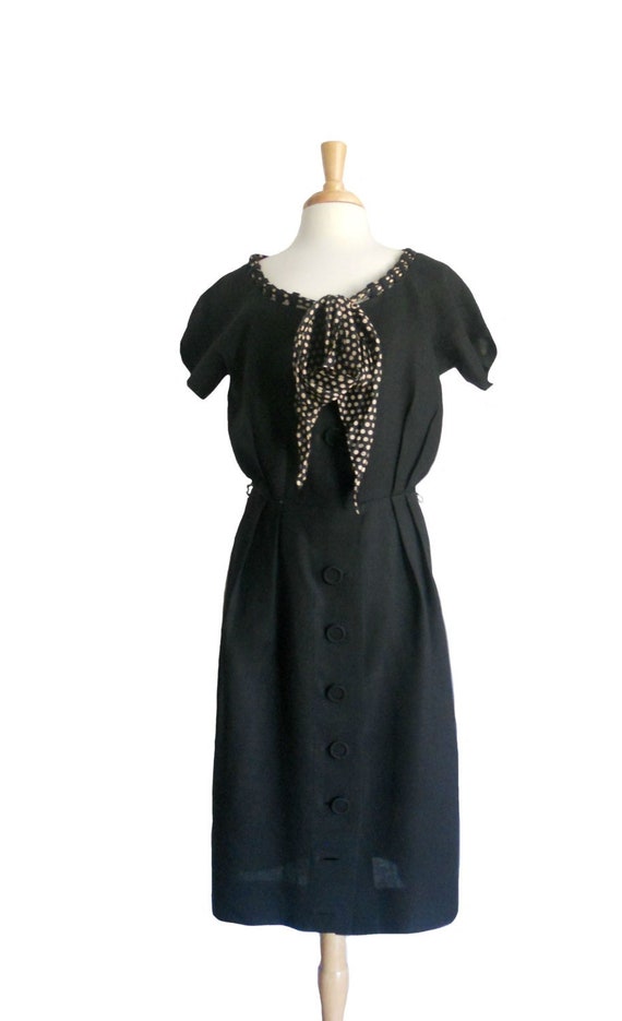 Vintage Dress Linen Black Large Button Down Desig… - image 1
