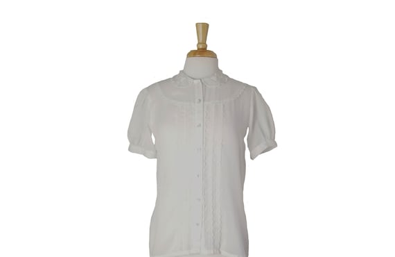 Vintage Blouse 80s Short Sleeve White Lace Button… - image 1