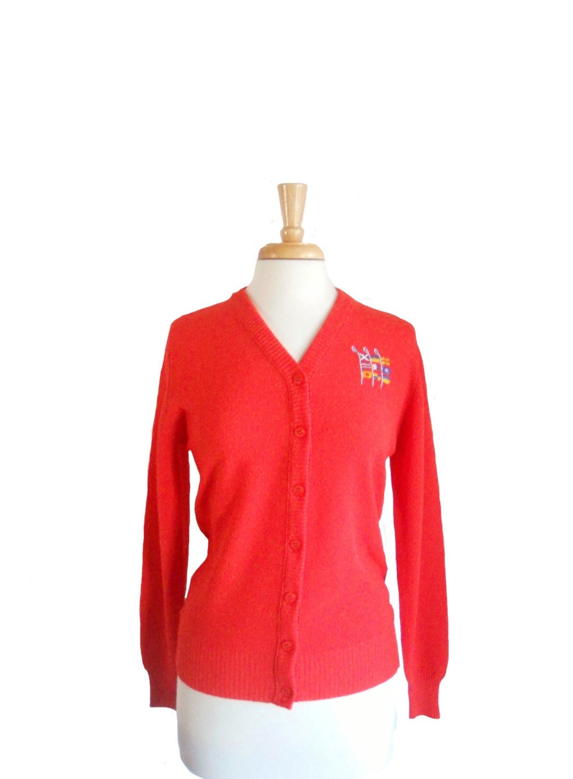 Vintage Orange Cardigan with Flags Patch - V-Neck Summer Sweater, Size M, foto 1 di 3