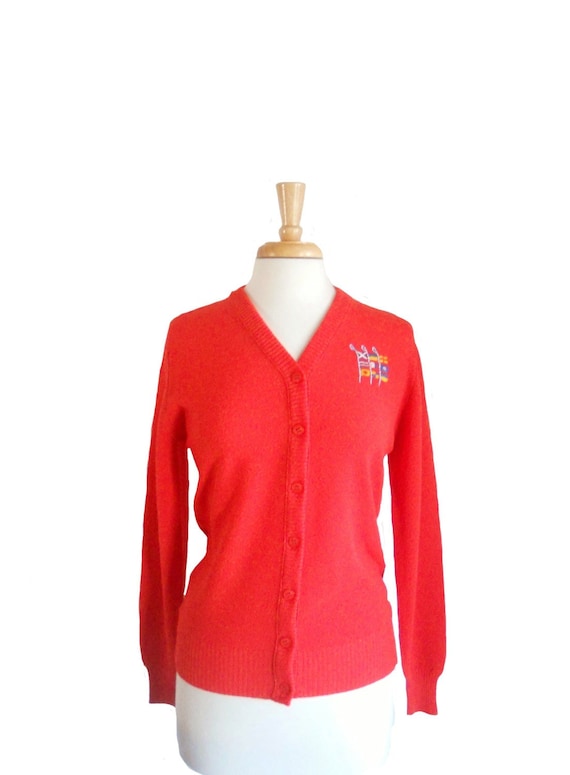 Vintage Orange Cardigan with Flags Patch - V-Neck Summer Sweater, Size M