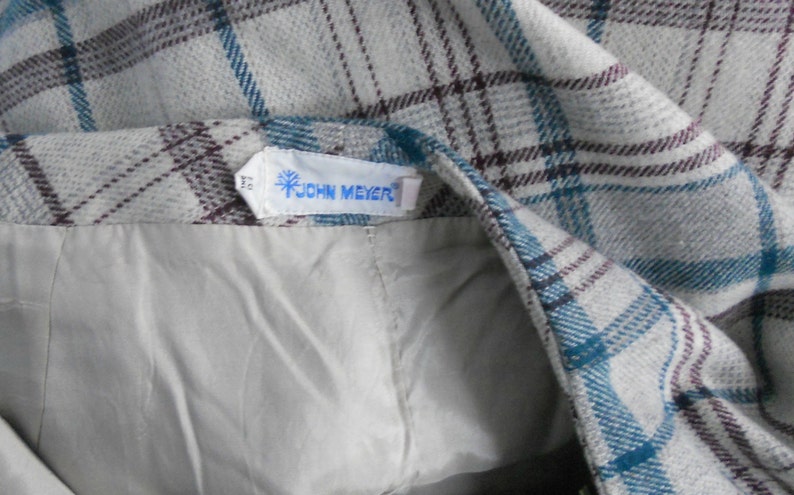 Size 16 Fully Lined L Vintage Pencil Skirt Plaid Ivory Teal and Purple John Meyer Button Closure and Midi Length