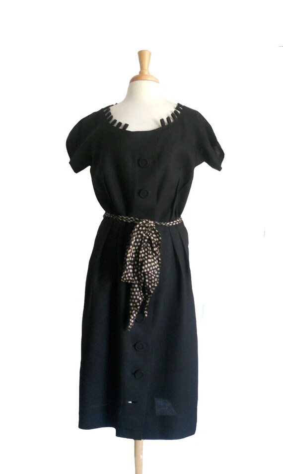 Vintage Dress Linen Black Large Button Down Desig… - image 2