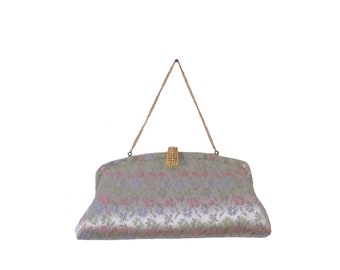 1960s Vintage Clutch Evening Handbag Floral Gold Print with Metallic Gold Thread & Foldable Chain Handle - New Old Stock