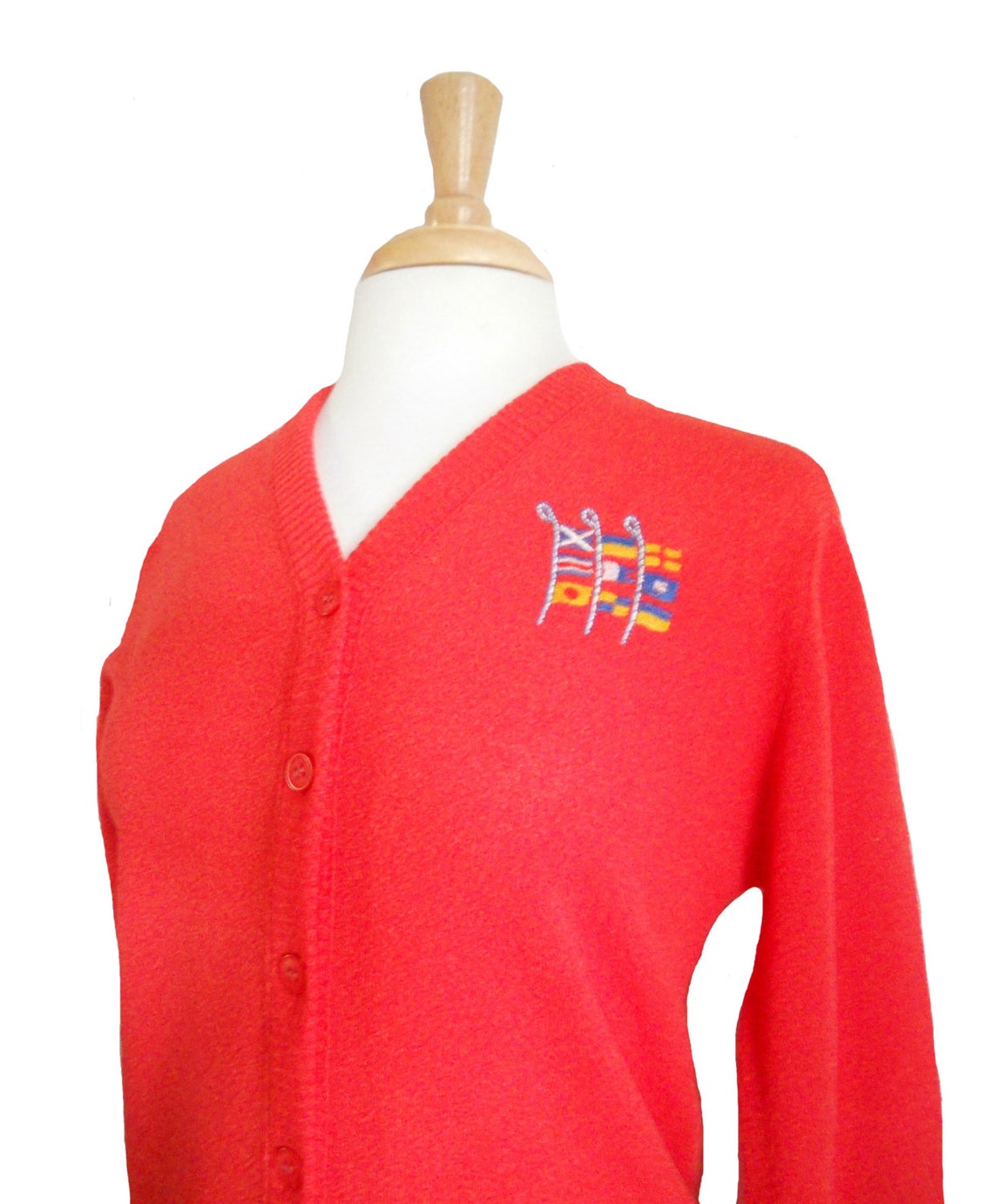 Vintage Orange Cardigan with Flags Patch - V-Neck Summer Sweater, Size M, foto 3 di 3