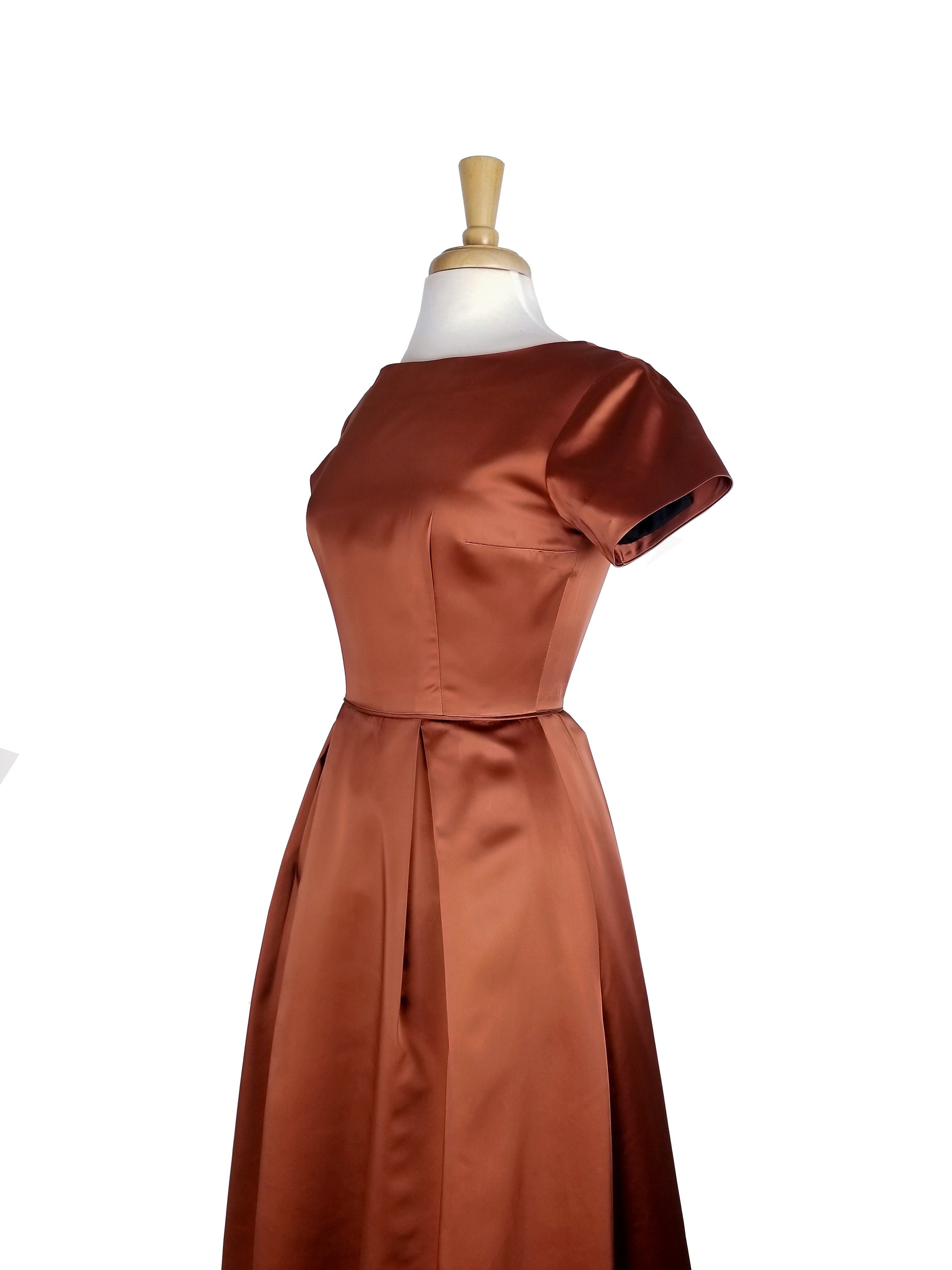 Vintage Dress 1950s Satin Copper Colored Floor Length Gown With Short