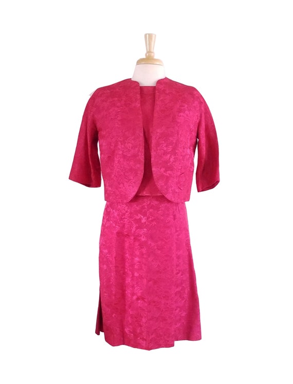 Vintage Skirt Suit Women s 1960s Bright Pink Floral Brocade Pattern Matching Top Skirt and Jacket Three Piece Women s Suit L XL