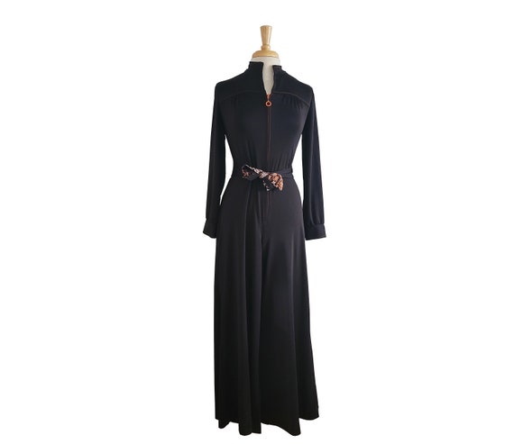 1970s Vintage Jumpsuit One Piece Black Romper Wide Leg with Orange Details and Floral Waist Tie - Union Made in USA - Size M