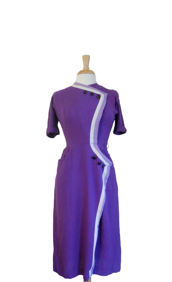 Vintage 1960s Dress Purple Wrap Design With Six B… - image 1