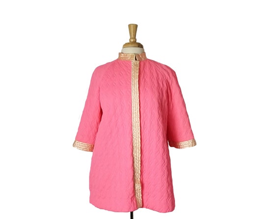 Vintage Sleepwear House Coat Neon Coral Quilted B… - image 1