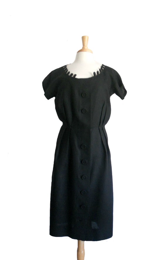 Vintage Dress Linen Black Large Button Down Desig… - image 4