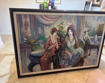 HUGE Oil Painting Girls In The Club By K.Barnes Vintage Framed Wall Art