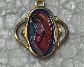 Vintage Praying Virgin Mary Pendant Gold Tone Enamel Red Blue Antique Retro