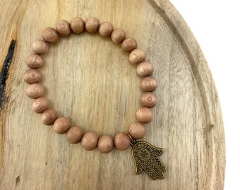Hamsa charm wood bead bracelet
