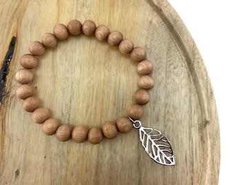 silver leaf charm wood bead bracelet
