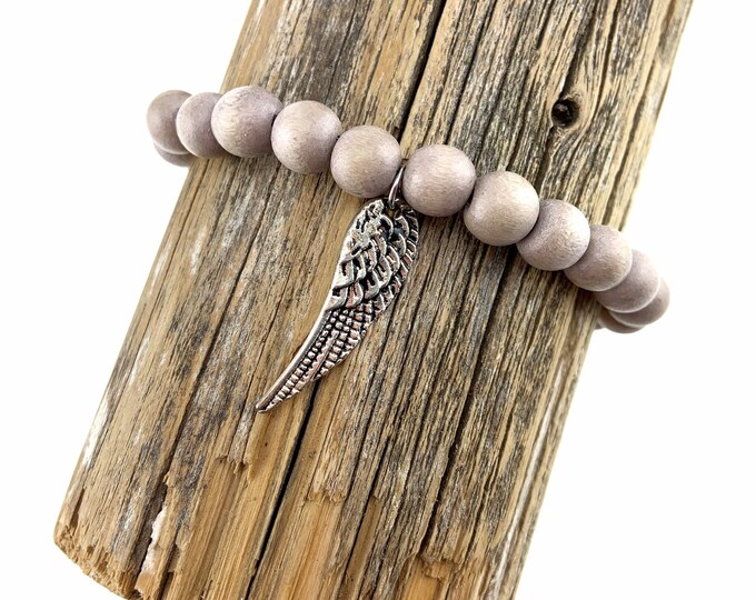 Wood Bead Bracelet with Silver Angel Wing Charm
