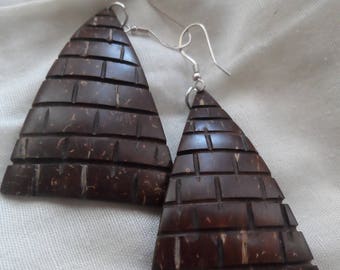 Natural Carved Coconut Shell & Sterling Silver Earrings