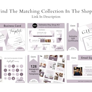 May include: A collection of digital templates for social media and business branding. The templates feature a purple and white colour scheme with a minimalist design. The templates include business cards, Instagram story highlights, Instagram post templates, gift certificates, and email signatures.