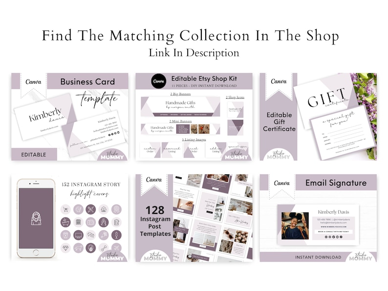 May include: A collection of digital templates for social media and business branding. The templates feature a purple and white colour scheme with a minimalist design. The templates include business cards, Instagram story highlights, Instagram post templates, gift certificates, and email signatures.
