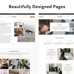 Może przedstawiać: Projekt strony internetowej dla firmy o nazwie "Dear Me". Strona internetowa ma jasne tło z czarnym tekstem i obrazami. Strona internetowa zawiera sekcje dotyczące usług, zabawnych fakt&oacute;w o właścicielu firmy i formularz kontaktowy.