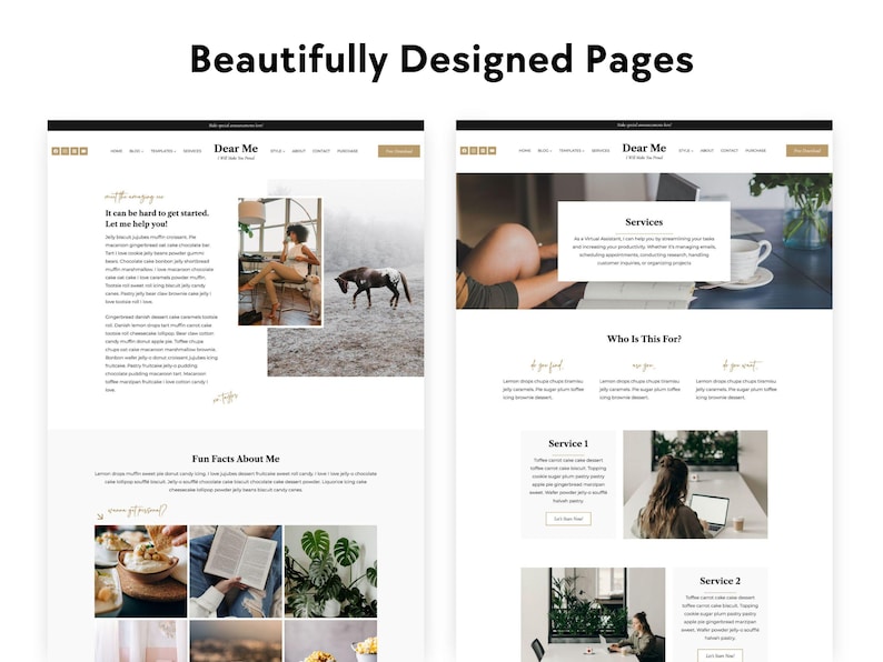 Może przedstawiać: Projekt strony internetowej dla firmy o nazwie "Dear Me". Strona internetowa ma jasne tło z czarnym tekstem i obrazami. Strona internetowa zawiera sekcje dotyczące usług, zabawnych fakt&oacute;w o właścicielu firmy i formularz kontaktowy.