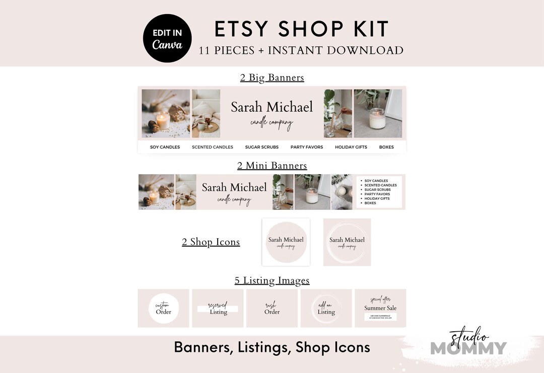 Etsyショップブランディングキット Canvaテンプレート、バナー＆ロゴ