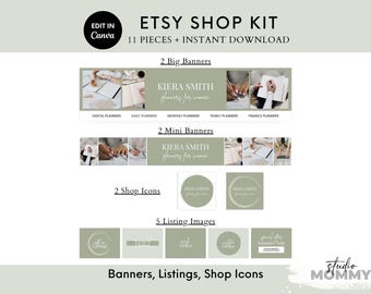 Kit de branding vert de la boutique Etsy, modèle de bannière et de logo (Toile) - A14 Studio Mommy