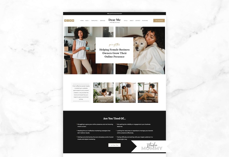 Motyw WordPress – Szablon WordPress dla wirtualnego asystenta: Czarno-złoty projekt strony internetowej – Dear Me autorstwa Studio Mommy A09 zdjęcie 1