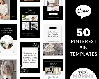 Black Pinterest Pin Templates - Pinterest Templates Canva - Pinterest Templates Minimal Pins -  Black and White - Studio Mommy A09