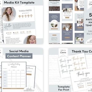 May include: A set of printable social media templates for Pinterest, featuring a blue and gold colour scheme. The templates include a media kit, social media content planner, and a thank you card. The text "50 Pinterest Pin It Templates" is displayed in a gold font.