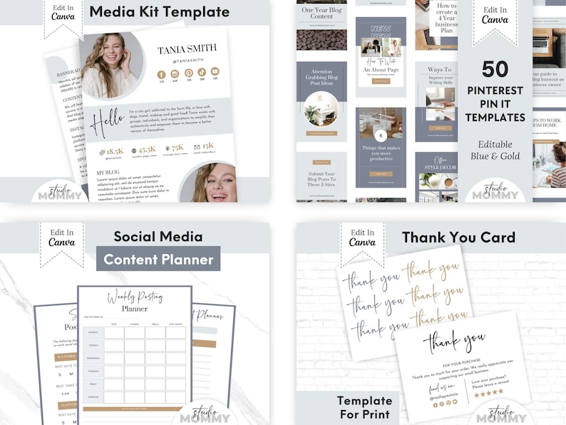 May include: A set of printable social media templates for Pinterest, featuring a blue and gold colour scheme. The templates include a media kit, social media content planner, and a thank you card. The text "50 Pinterest Pin It Templates" is displayed in a gold font.
